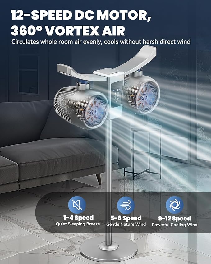 45" Oscillating Fan with Air Purifier & Humidifier | 5D 285° Air Circulator Misting Fan | 12-Speed Quiet DC Motor | Remote & Panel Touch Control | 12H Timer | Adjustable Height, Floor/Tabletop Use