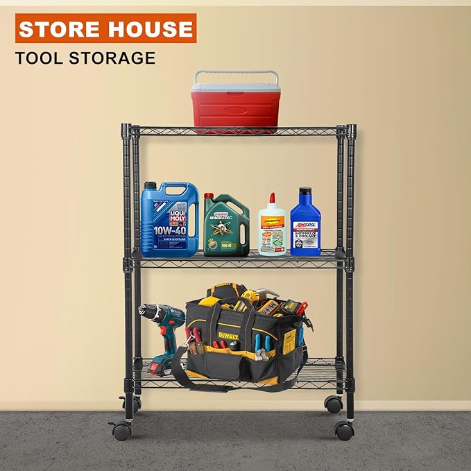 PayLessHere 3-Tier Adjustable Metal Storage Rack with Wheels Mesh Shelving Unit Heavy Duty Storage Shelving Unit,Black