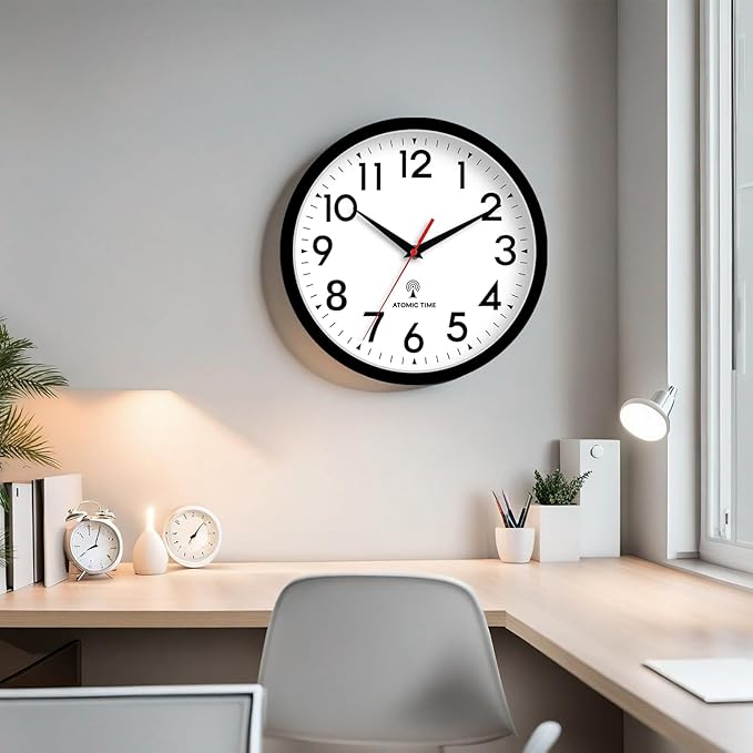Atomic Wall Clock Analog 10 Inch Battery Operated Modern Decorative for Living Room Kitchen Office Bedroom Bathroom(Black)