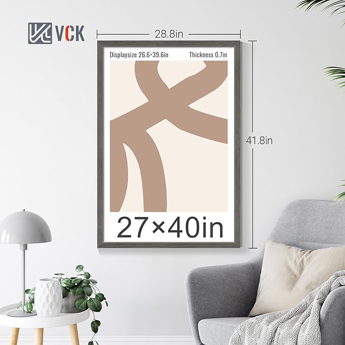 VCK 27x40 Picture Frame Set of 4 - Grey, Gallery-Quality Wood Poster Frames, 1.1-Inch Wide Border, Polished Plexiglass, Vertical or Horizontal Wall Display for Photo/Art/Prints, Grey