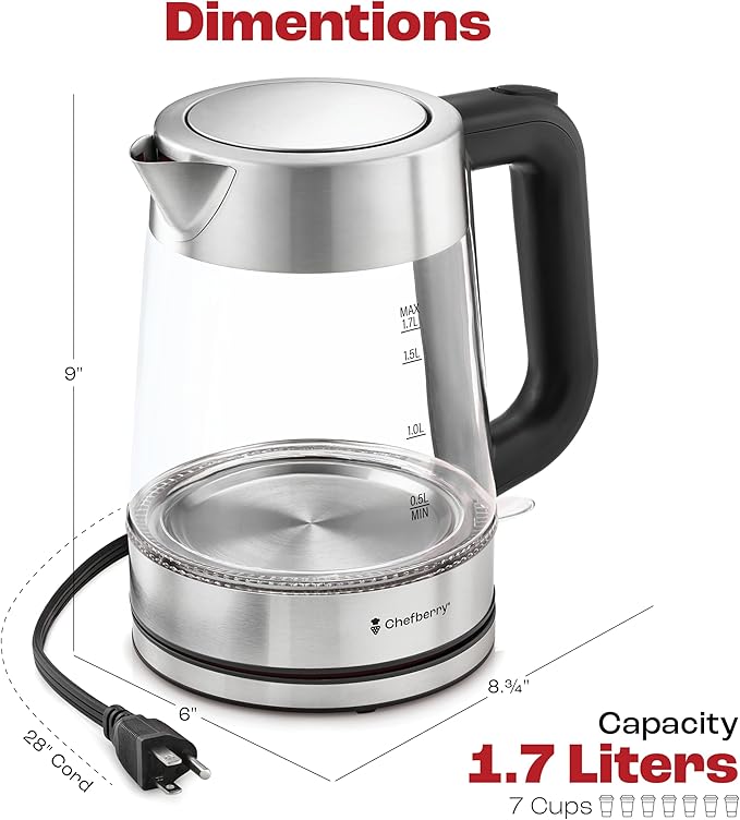 Electric Kettle for Boiling Hot Tea & Water | 1.8L Stainless Steel Borosilicate Glass Boiler With No Plastic, Automatic Shutoff, BPA Free, Fast Heating Technology