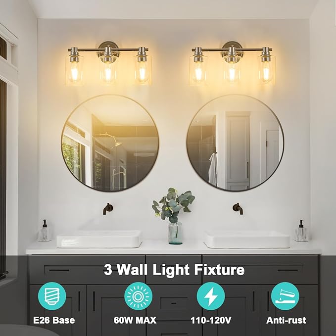Bathroom Light Fixtures Wall Sconce Light with Clear Glass Chrome 3 Lights Bathroom Lighting Over Mirror Vanity Lights for Living Room,Bedroom,Restroom,Hallway E26 Base
