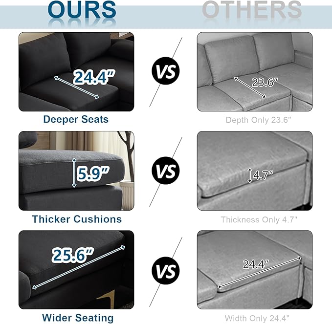 VINGLI 110" Modern U Shaped Sectional Couch with 51"D Double Chaise for Living Room, Black Deep Seat Sectional Sofa Sets with 5.9" Thickness Seating Padding for Home Furniture,Linen Fabric,Metal Legs