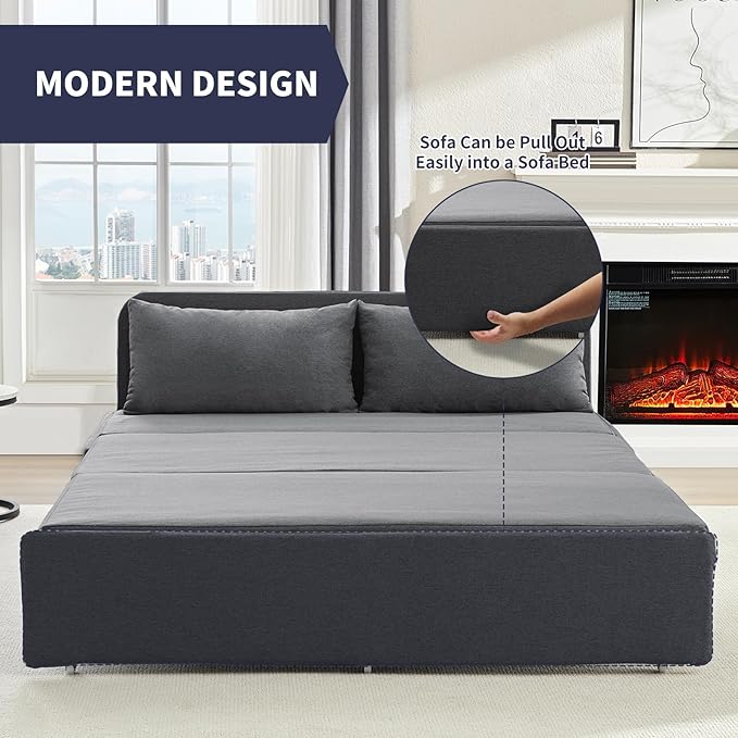 Queen Size Sofa Bed, Pull Out Sofa Bed with Cushions & Throw Pillows, Linen Couch Beds, Modern Convertible Sleeper Sofas Beds, Loveseat for Living Room for Small Spaces - Dark Grey