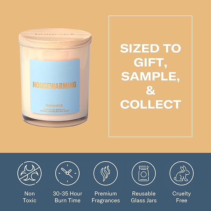 Homesick Scented Candles for Home (Housewarming) - 7.5 oz Long-Lasting Natural Soy Wax Blend Jar Candle Gift for Women & Men for All Occasions, 30-35 Hours Burn Time - Notes of Cotton & Water Lily