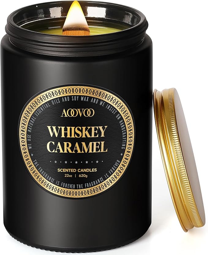 AOOVOO Scented Candles for Men - Large 22oz 120 Hours of Burn Time, Whiskey Caramel Candles for Home Scented | Crackling Wood Wick Soy Candle | Strong Fragranced Black Candle Gift for Women & Men