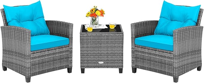 Tangkula 3 Pieces Patio Furniture Set, Outdoor PE Rattan Conversation Chair Set with Tempered Glass Side Table and Removable Cushions, PE Wicker Chairs and Table Set for Porch, Balcony and Garden