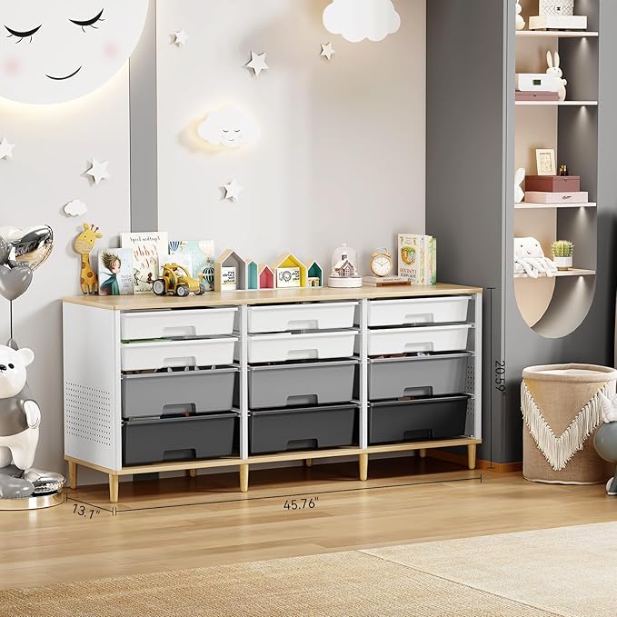 Storage Cabinet with 12 Drawers, Home Storage With Wooden Tabletop, Cube Storage Organizer for Living Room, Bedroom, Classroom, Office, Playroom, Craft Room, (Grey)