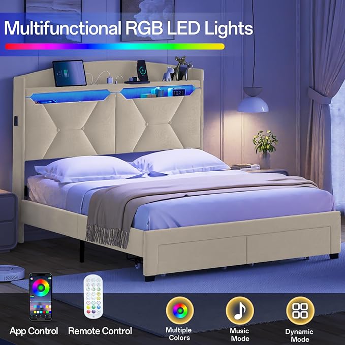 Full Size Bed Frame, Full Bed Frame with Storage Drawers, Upholstered Bed Full Size with Charging Station and LED Lights, Easy Assembly, Beige