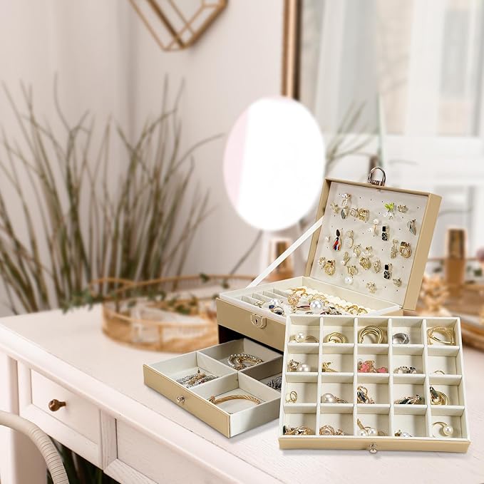 3-Layer Jewelry Box for Women, Earing Holder Jewelry Organizer and Storage with Removable Tray, Vintage Quilted Top Lockable Holder Gift Idea Champagne