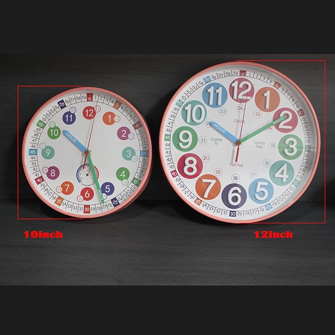 Wall Clocks,Learning Time Clock,12 Inch 3D Numbers Colorful Clock Face Silent Luminous Clocks,Clear Digital Wall Clock (3D Peach Pink Luminous)