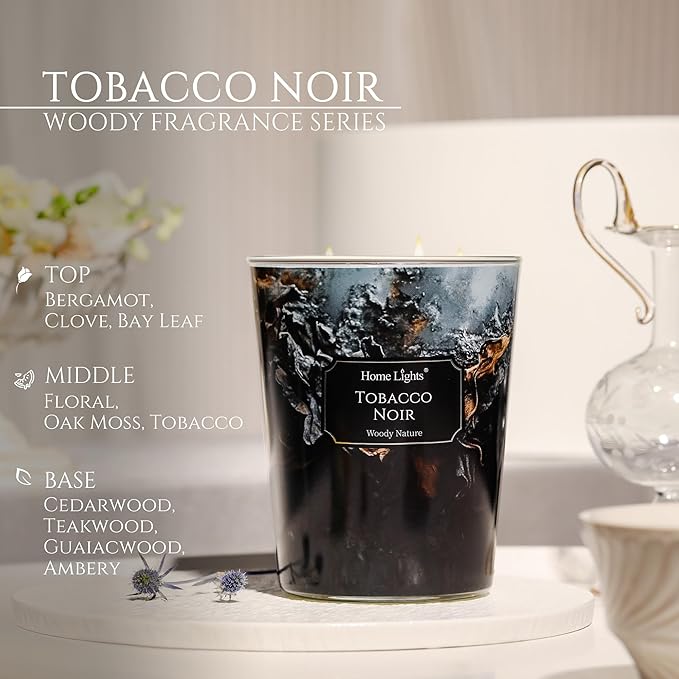HomeLights Scented Candles for Women & Men, 34oz Candle Jars Aromatherapy 3-Wick Candle, Ideal for Industrial Chic Home Decor and Gifts, Tobacco Noir