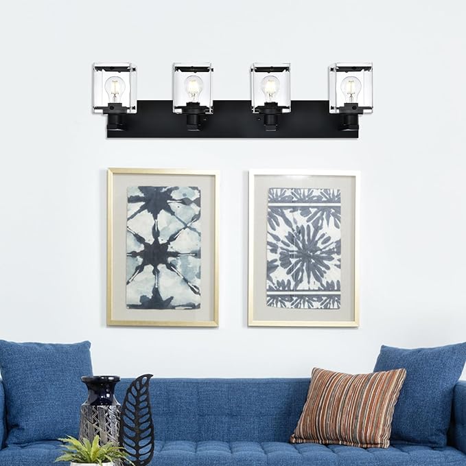 4-Light Bathroom Vanity Light Fixture, Modern Black Wall Lighting Over Mirror with Rectangular Clear Glass, E26 Bulb Base