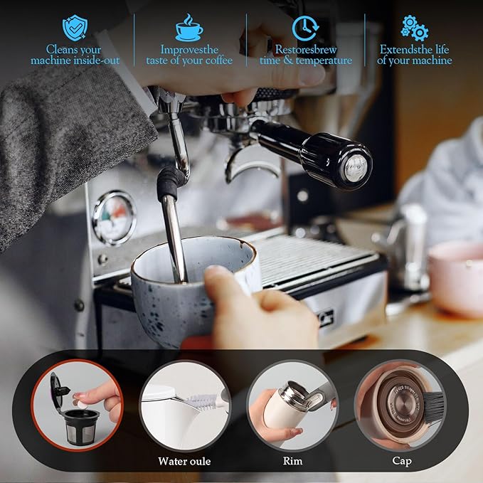 USKICH Coffee Machine Cleaner Descaler Tablets Kit Compatible 12 Espresso Machine Tablet and 1 Reusable Rinse Pods- 48 Cleaning Tablets and 6 Water Filters-3 in 1 Cup Lid Gap Cleaning Brush