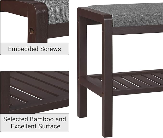 SONGMICS Shoe Rack Bench with Cushion Upholstered Padded Seat, Storage Shelf, Shoe Organizer, Holds Up to 350 lb, Ideal for Entryway Bedroom Living Room Hallway Garage Mud Room Gray and Brown ULBS65C