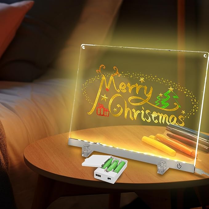 Acrylic Dry Erase Board with LED Light -11.8"x8.5" Clear Glowing Memo,Brightness Level Adjustment,12 Color Markers, Ideal for Office/Home/Kids (Standard Edition+Battery Power Supply Box)