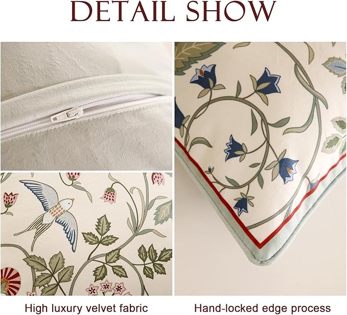 Throw Pillow Covers Pack of 4,Green Cozy Velvet Farmhouse with Birds and Floral Pattern Pillowcases,Decoration Square Round Lumbar Pillows Cushion Covers for Couch Sofa Bed Car Chair