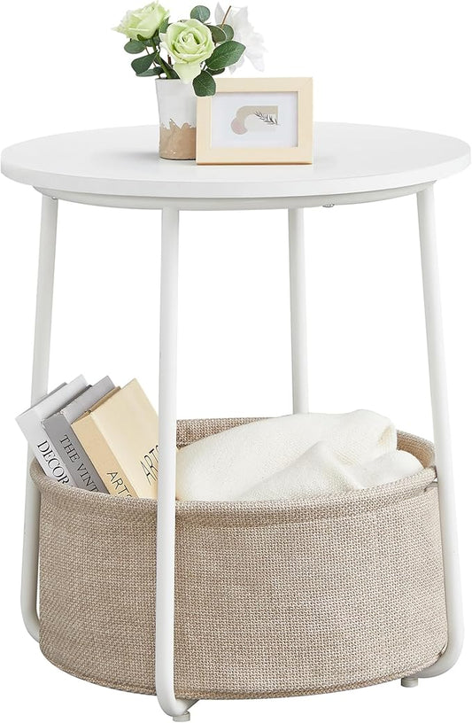 VASAGLE Small Round Side End Table, Modern Nightstand with Fabric Basket, Matte White and Camel Brown ULET223W10