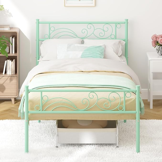 Weehom Twin Bed Frames with Headboard, Heavy Duty Metal Platform No Box Spring Needed Under-Bed Storage Easy Assembly Twin Sized Bed for Kids Girls Adults,Mint Green