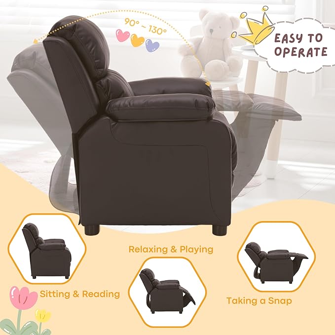 JC Home Macaron Kids Reclining Chair Leather Recliner Sofa Push Back Toddler Youth Children Child Ages 2-8