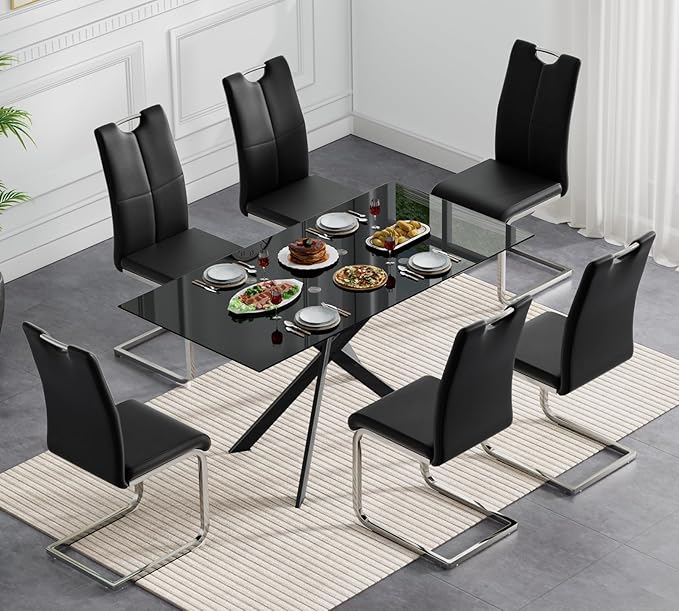 51.18" Glass Dining Table for 4-6, Dining Room Table with Black Tempered Glass and Black Metal Legs, Modern Rectangular Kitchen and Dining Room Dinner Table for Kitchen