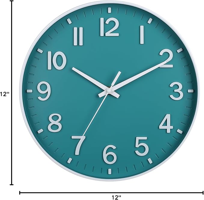 HZDHCLH Teal Wall Clocks Battery Operated,12 inch Silent Non Ticking Modern Wall Clock for Living Room Bedroom Kitchen Office Classroom Decor