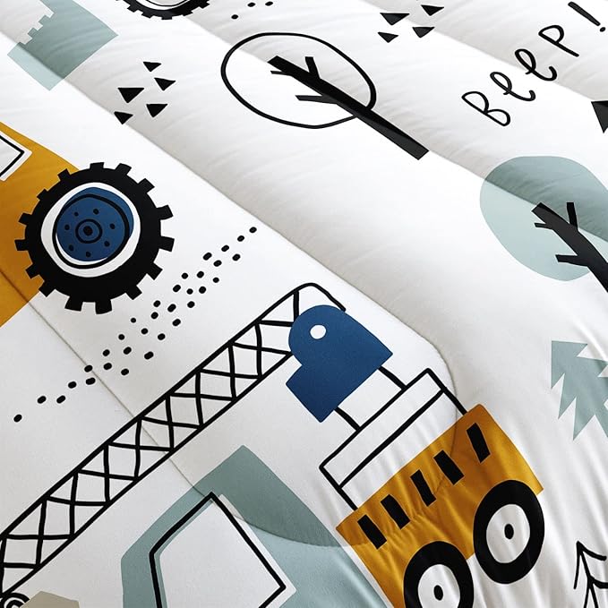 Kids Cartoon Excavator Bedding Comforter Sets for Boy and Girls,Construction Truck Bulldozer Tree Pattern Comforter Set with 2 Pillowcase and 1 Comforter(Excavator Twin)