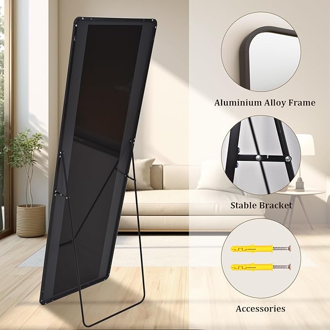 Round Corner Mirror Full Length, 16" x 59" Floor Mirror with Stand, Matte Aluminum Alloy Frame Full Body Mirror, Standing Hanging or Leaning for Bedroom and Living Room, Black