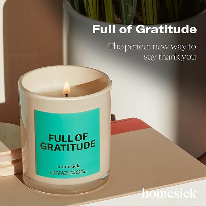 Homesick Scented Candles for Home (Full of Gratitude) - 7.5 oz Long-Lasting Natural Soy Wax Blend Jar Candle Gift for Women & Men, 30-35 Hours Burn Time - Notes of Lemongrass & Gardenia