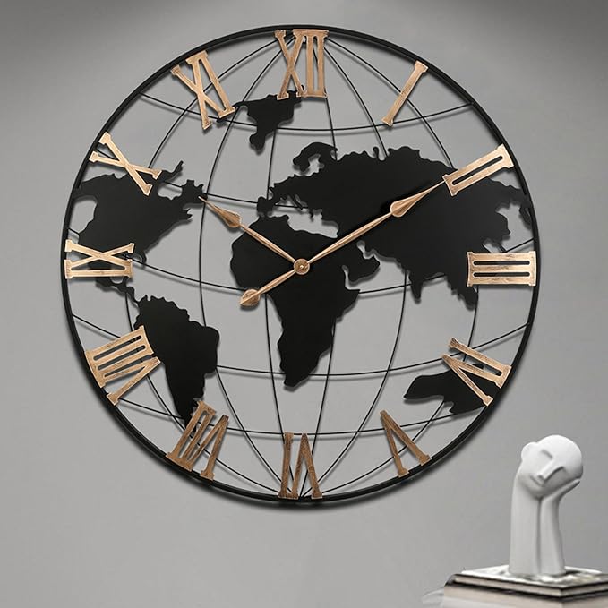 36 Inch Extra Large World Map Wall Clock, Retro Minimalist Silent Non-Ticking Battery Operated Clock for Living Room, Bedroom, Office, Kitchen, Black Roman Numerals