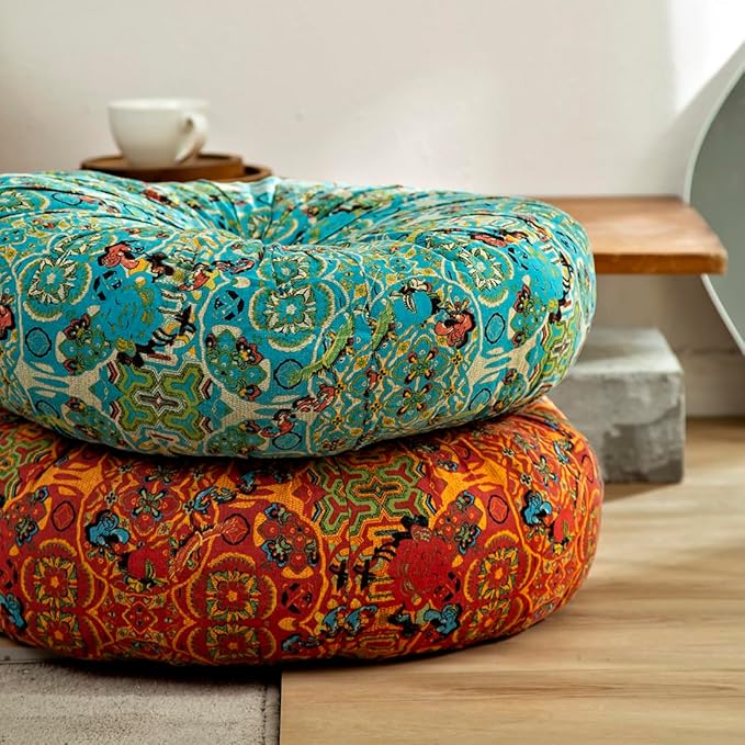 vctops Boho Cotton Linen Round Chair Seat Cushions for Dining Kitchen Office Chairs Patio Super Soft Printed Chair Pads Floor Pillow (Blue,22"x22")