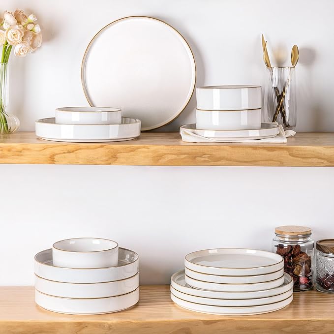 GBHOME Ceramic Dinnerware Sets for 4, 12 Pieces Stoneware Plates and Bowls Sets, Reactive Glaze Dishes -Scratch Resistant, Dishwasher&Microwave Safe-Pearl White