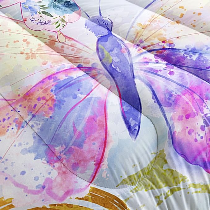 Watercolor Butterfly Comforter Bedding Set for Girls Kids Teens,Lightweight Colorful Floral Butterfly Printed Tie-dye Comforter with 2 Pillowcases(Watercolor Butterfly Full)