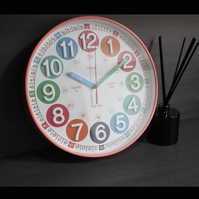 Wall Clocks,Learning Time Clock,12 Inch 3D Numbers Colorful Clock Face Silent Clocks,Clear Digital Wall Clock (3D Peach Pink Classic)