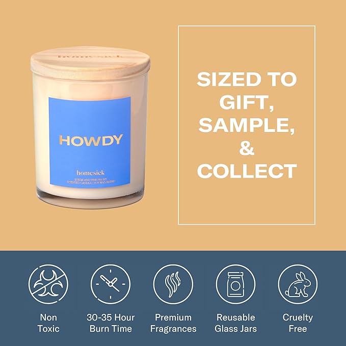 Homesick Scented Candles for Home (Howdy) - 7.5 oz Long-Lasting Natural Soy Wax Blend Jar Candle Gift for Women & Men for All Occasions, 30-35 Hours Burn Time - Notes of Pink Peony & Suede