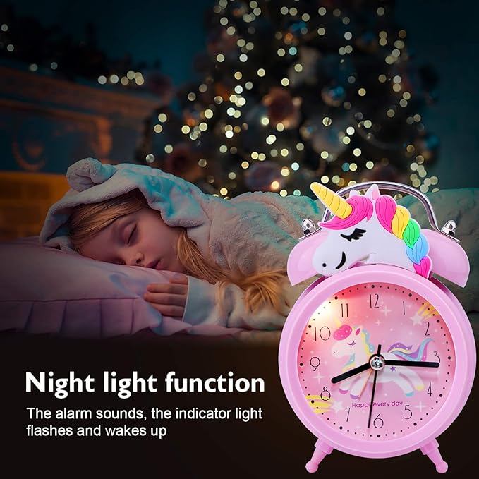 Unicorn Alarm Clock for Girls Kids, Cute Bedroom Decoration, Non Ticking Silent Second Hand, w/Backlight Super Loud Twin Bell, for Kids Unicorn Gifts (Pink)