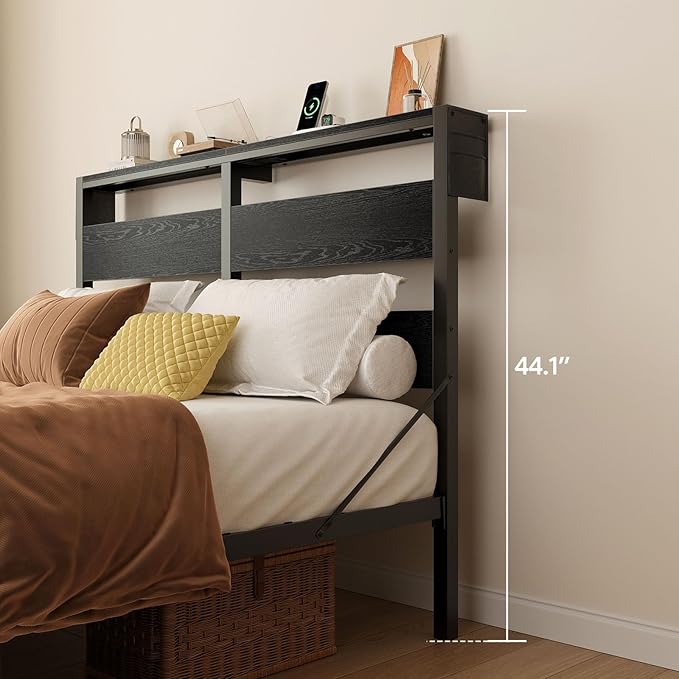 Bestier Full Bed Frame with Storage Headboard and Charging Station, Black Platform Bed Frame with LED Light, Non-Slip Metal Bed Frame, Noise-Free, Easy Assembly