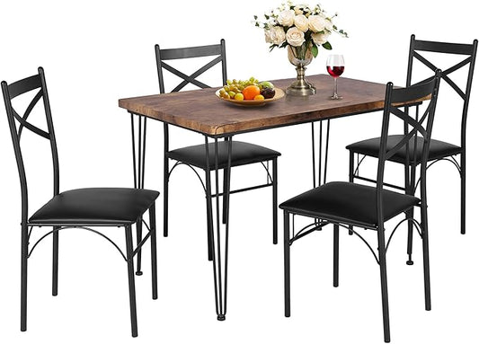 VECELO Kitchen Dining Room Table Set with 4 Chairs for Small Space, Apartment,Metal Steel Frame