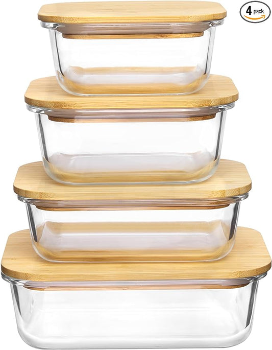 Vtopmart Glass Food Storage Containers with Bamboo Lids, 4 Pack Meal Prep Glass Containers Safe for Microwave, Oven, Freezer and Dishwasher, BPA Free