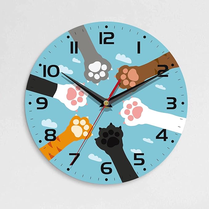 Wall Clock, 10 Inch Silent Non-Ticking Home Kitchen Decor, Battery Operated for Bathroom Bedroom Living Room Office(Cute Paws)