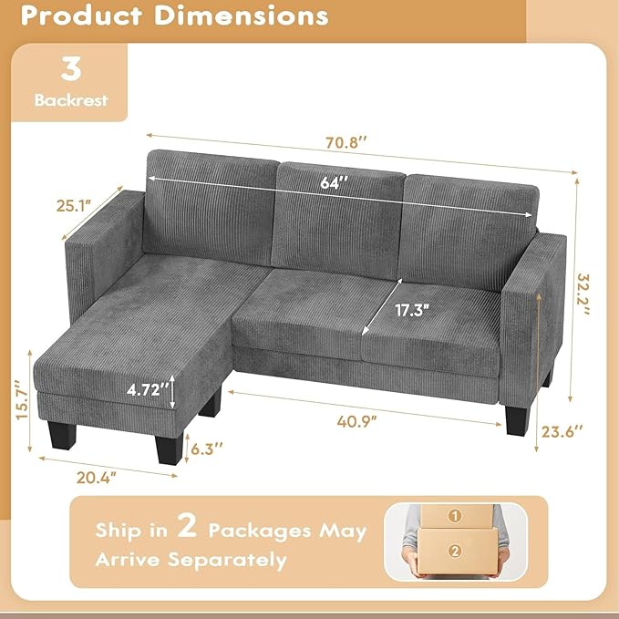 VICTONE Convertible Sectional Sofa Couch, 3 Seat L-Shaped Sofa with Linen Fabric Ottoman Small Couch for Small Apartments, Living Room and Office (Corduroy, Gray)