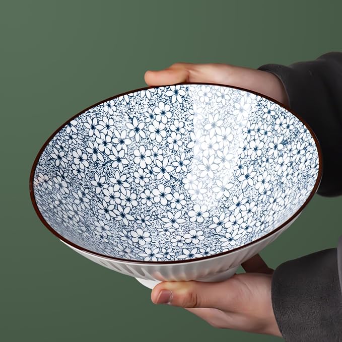 38 oz Japanese Ramen Bowl Set of 6 - Large 8 Inch Ceramic Soup Bowls, Blue and White Japanese Noodle Bowls for Pho, Ramen, and Salad - Cherry Blossom Floral Patterns