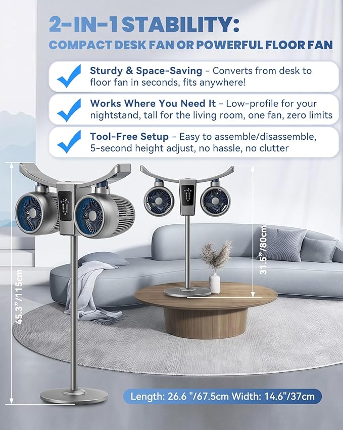 45" Oscillating Fan with Air Purifier & Humidifier | 5D 285° Air Circulator Misting Fan | 12-Speed Quiet DC Motor | Remote & Panel Touch Control | 12H Timer | Adjustable Height, Floor/Tabletop Use