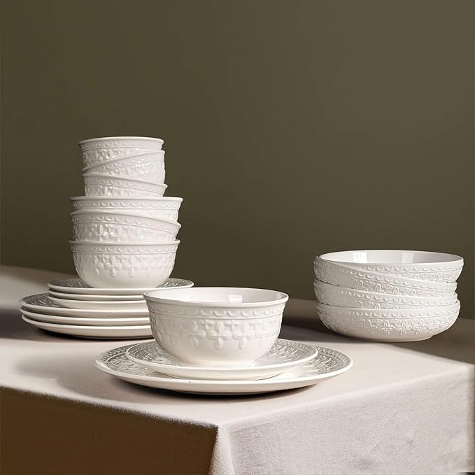 Small Ceramic Bowls - 14 Oz Ice Cream Bowls Set of 4, White Embossment Dessert Bowl for Kitchen, Soup, Side Dishes, Oatmeal, Rice, 4.75 Inch Microwave Oven Safe(Cross Floral)