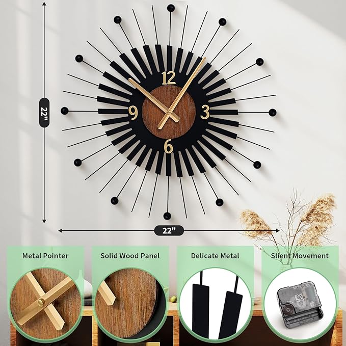 22 Inch Modern Sunburst Wall Clock Battery Operated, Black Metal Radiating Design with Walnut Wood Center, Silent Quartz Movement, Gold Hands – Decorative Clocks for Living Room, Office, Bedroom