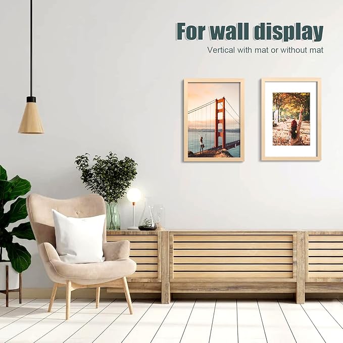 KINLINK 12x16 Picture Frame Natural, Solid Wood Frames with Acrylic Plexiglass for Pictures 11x14/9x12 with Mat or 12x16 without Mat,Wall Display Photo Frame Set of 4