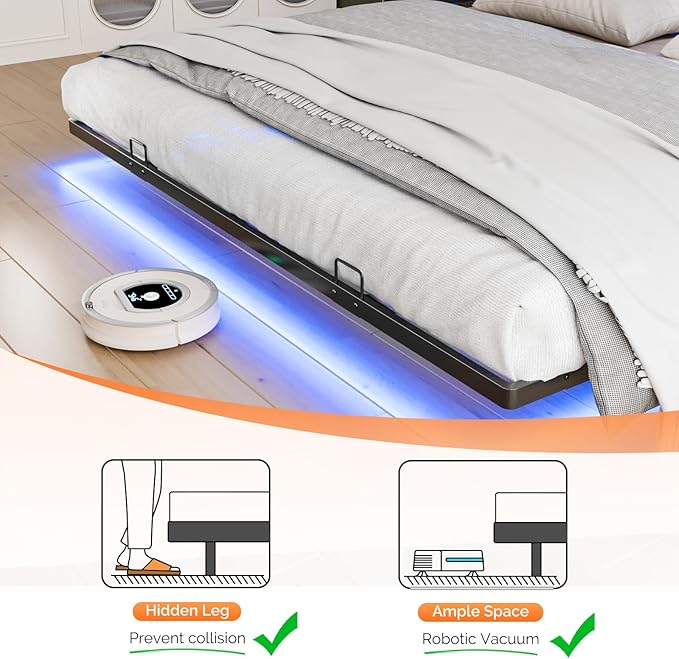 VINGLI King Size Floating Bed Frame with LED Lights and Charging Station, Cozy Hidden Storage Velvet Upholstered Headboard,No Box Spring Needed,Easy Assembly,Black