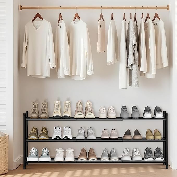 STORAGE MANIAC Long Expandable Shoe Rack, 18 Pairs Metal Wide Stackable Shoe Rack, Adjustable Shoes Shelf, Freestanding Shoes Organizer for Closet, Entryway, Hallway, Garage, Front Door, 3 Tiers