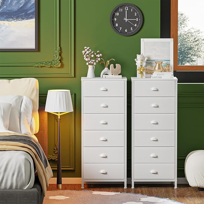 Furnulem White Tall Dresser for Bedroom,Vertical Storage Tower Unit and End Table with 6 Fabric Drawers, Nightstand Furniture with Drawer Organizer in Living Room,Closet,Entryway,Hallyway