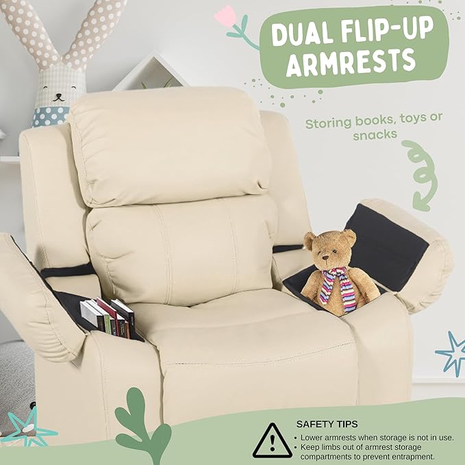 JC Home Macaron Kids Reclining Chair Leather Recliner Sofa Push Back Toddler Youth Children Child Ages 2-8